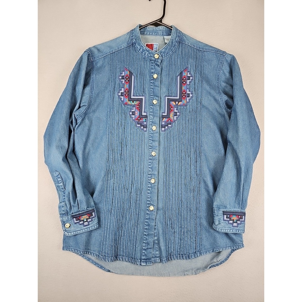 Vintage Sun Belt‎ Denim Shirt Women's Medium Long Sleeve Embroidered Aztec Top